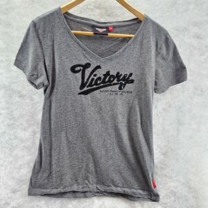 Victory‎ Motorcycles USA Grey Black Sequin Graphic V-Neck TShirt Womens XSmall